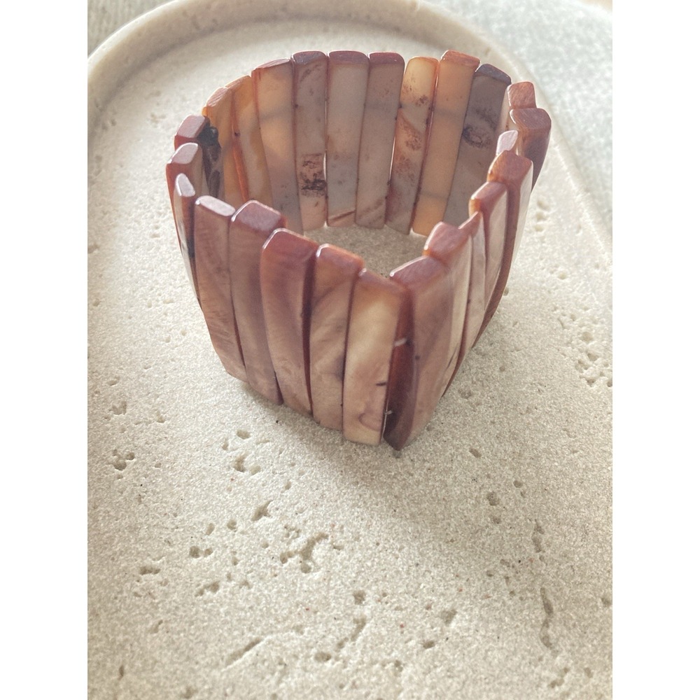 Wide Shell Stretch Bracelet Brown Cream Mother Of Pearl Mosaic Beachy Coastal